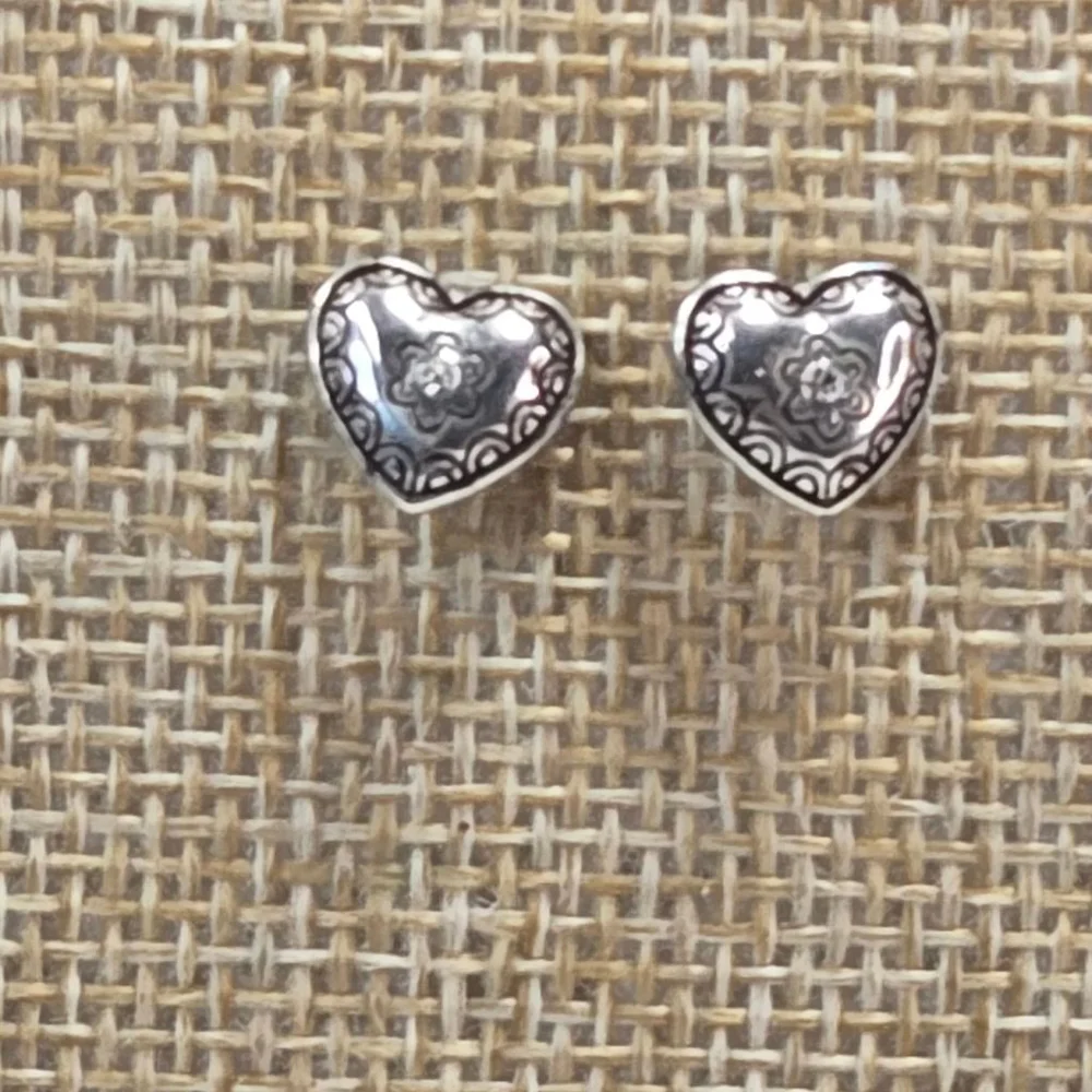 Brighton Earrings Silver Heart Shaped Crystal Stud Posts Classic Scrollwork - Picture 2 of 7